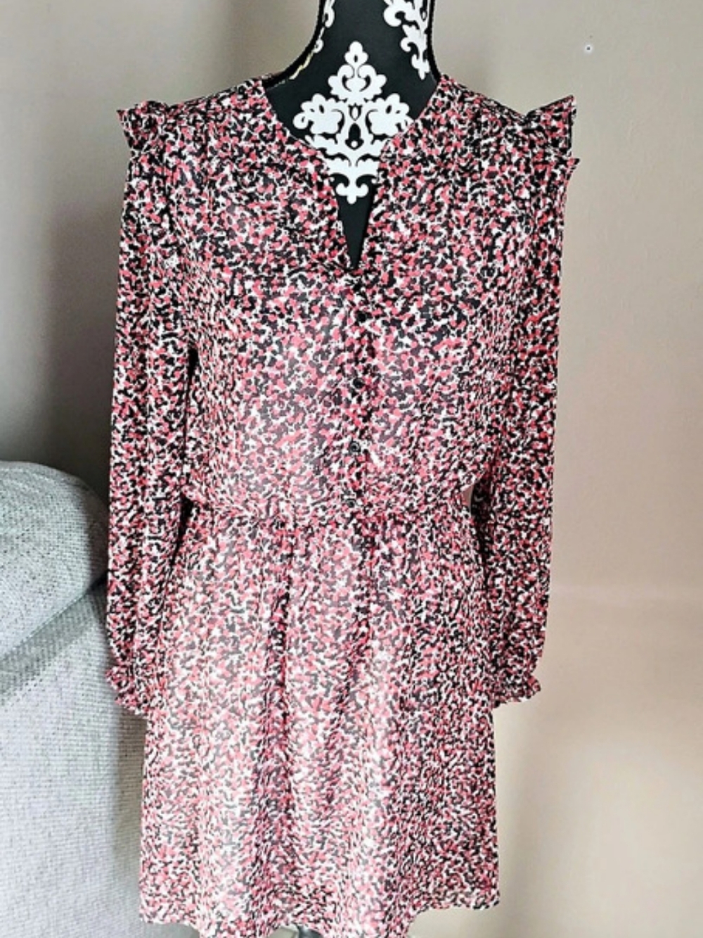 Banana Republic Red & Black Abstract Long Sleeve Dress Size Medium